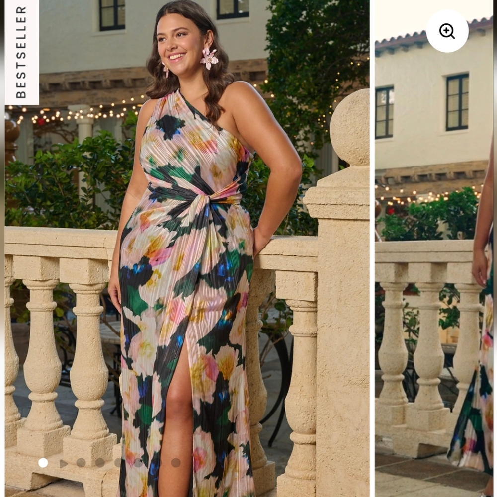 Adrianna Papell Floral Print Chiffon Gown With One Shoulder Neckline- 16